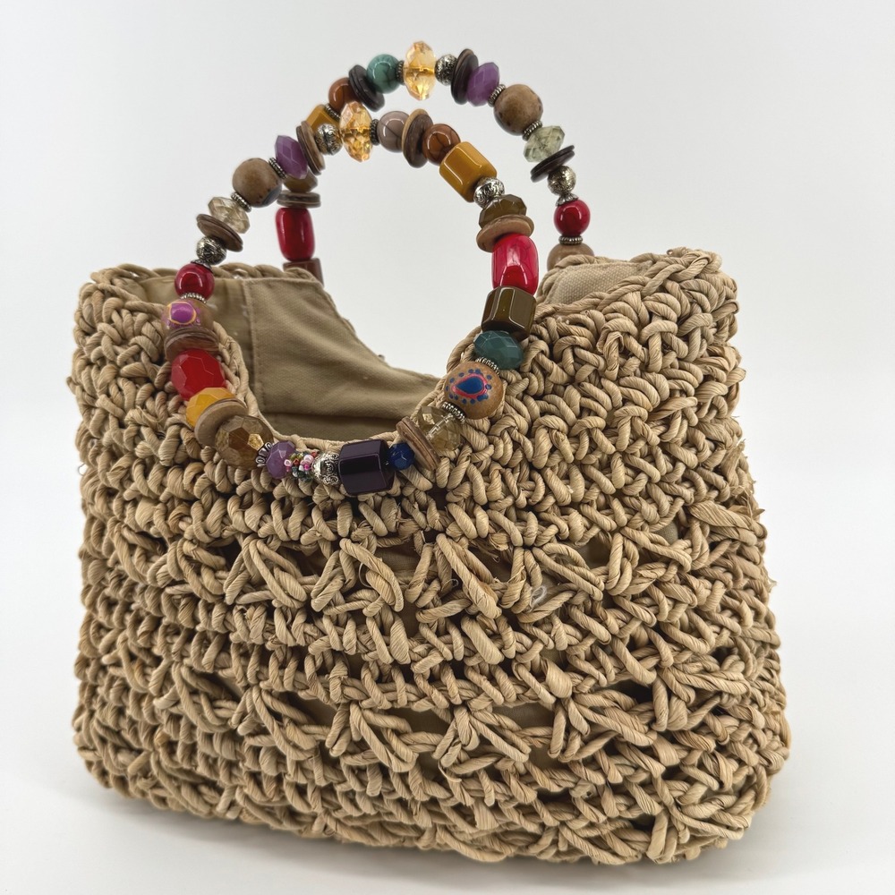 Cappelli Straworld Handbag Tan Woven Cornhusk Beaded Handle Purse Tote Boho